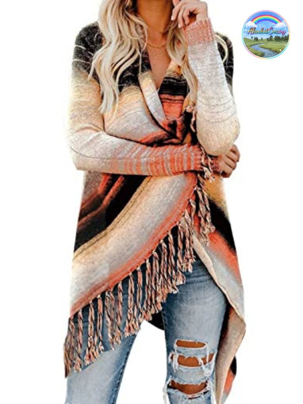 Open Front Loose Knit Cardigan with Tassels Fringe Wrap Sweater Outwear